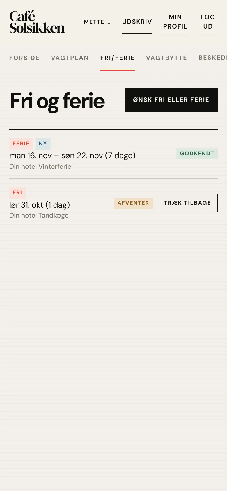 Medarbejderens egne ønsker om fri og ferie på mobilen